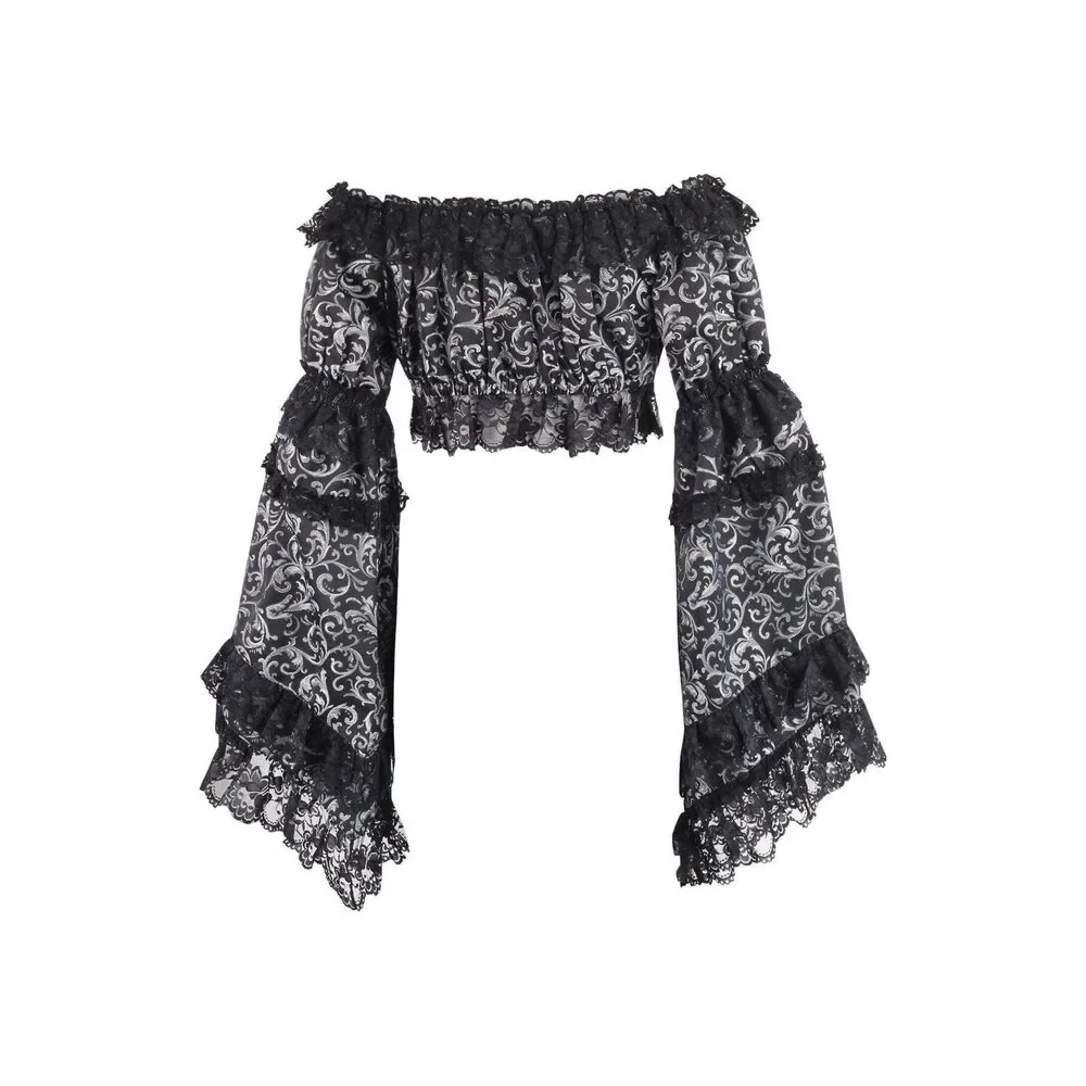 Silver/Black Brocade Smocked Flare Sleeve Peasant Top - Picture 3 of 3